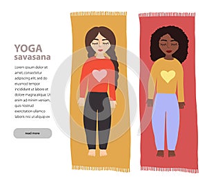 Set with beautiful woman European and African-American doing Corpse Savasana Yoga Pose. Girls in meditation. flat vector