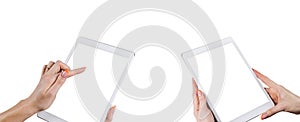 Set of Beautiful woman`s hand using Tablet computer. Smartphone white screen. Blank empty screen. empty space for text. isolated