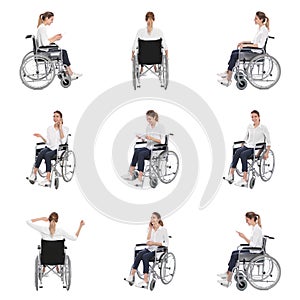 Sada skládající se z krásná žena v invalidní vozík na bílém 