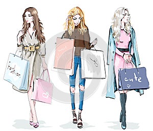 Set of beautiful young girls with shopping bags. Fashion women. Shopping day concept. Stylish sketch.