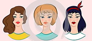 Set of beautiful young girls with various hair style, vector illustrations