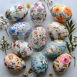 A set of beautifully decorated Easter eggs with floral and botanical patterns in blue, orange, pink, yellow and green tones