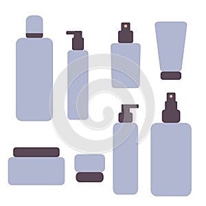 Set of beauty cosmetic products for makeup, body, hair and skin care. Blue color. Vector illustration isolated on white background