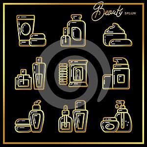 Set of beauty cosmetics icons drawn in gold lines on a black background_2