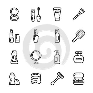 Set of beauty cosmetics and makeup outline icons. Vector illustration.