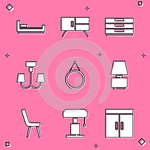 Set Bed, Chest of drawers, Chandelier, Mirror, Table lamp, Armchair and icon. Vector