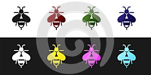 Set Bee icon isolated on black and white background. Sweet natural food. Honeybee or apis with wings symbol. Flying