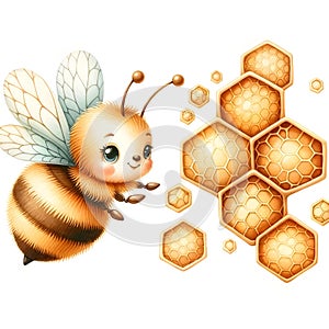 Set of Bee Insects, honeycomb, Honey Pot, Spring Flower, and Beekeeper in Watercolor Style, on a White Background, JPG