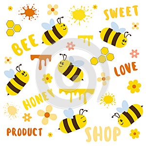 Set of bee, lettering, honey and other beekeeping symbol