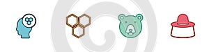 Set Beekeeper, Honeycomb, Bear head and with protect hat icon. Vector