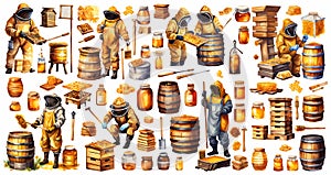 Set of beekeeper overalls and a barrel of honey