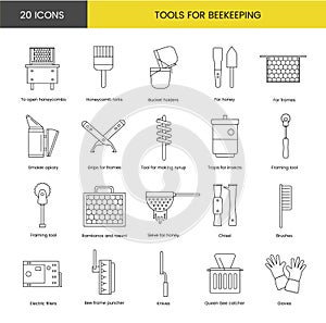 A set of beekeeper tools icons includes gloves and queen bee catcher, knives and bee frame puncher, electric fillers and