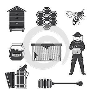 Set of beekeeping Equipment silhouette icons. Vector. Set include beekeeper, bee, beehive, bee smoker, honeycombs photo