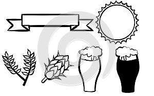 Set for a beer bottle, a bar of six black different ribbons of beer glasses icons of hops and malt frames on a white background.