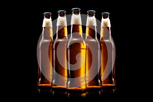 Set of Beer bottle on a black background. Bottle with drink like Ipa, Pale Ale, Pilsner, Porter or Stout