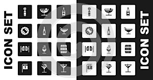 Set Beer bottle, Bottle cap, opener, Cocktail, Wooden barrel and Saloon door icon. Vector