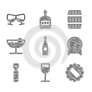 Set Beer bottle, Wine glass, Bottle cap, Wooden barrel on rack, opener, Cocktail, and Glass of cognac or brandy icon