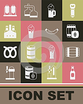 Set Beer bottle, Wooden barrel, beer mug, Glass of, Pack bottles, brewing process and Sausage icon. Vector