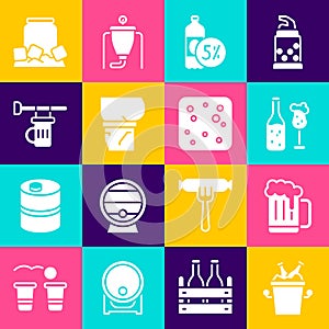 Set Beer bottles in ice bucket, Wooden beer mug, and glass, belly, Signboard with of, Cold can and bubbles icon. Vector