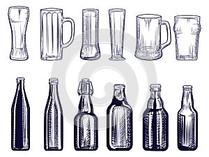 Set of beer bottles and mug. Different Beer glasses. Engraving style.