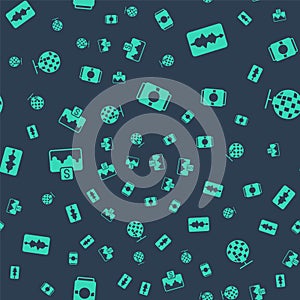 Set Beer can, Music wave equalizer, and Disco ball on seamless pattern. Vector