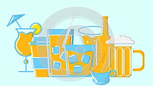 Set of beer glasses and alcohol drinks cocktails coffee and tea. Vector illustration