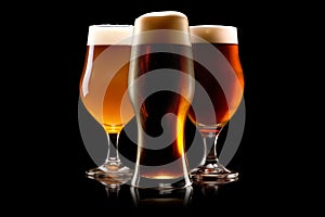 Set of Beer glasses on a black background. Mugs with drink like Ipa, Pale Ale, Pilsner, Porter or Stout