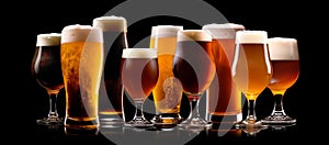 Set of Beer glasses on a black background. Mugs with drink like Ipa, Pale Ale, Pilsner, Porter or Stout