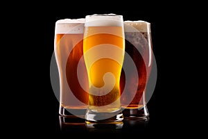 Set of Beer glasses on a black background. Mugs with drink like Ipa, Pale Ale, Pilsner, Porter or Stout