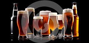 Set of Beer glasses on a black background. Mugs with drink like Ipa, Pale Ale, Pilsner, Porter or Stout