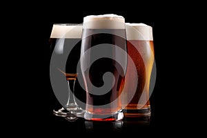 Set of Beer glasses on a black background. Mugs with drink like Ipa, Pale Ale, Pilsner, Porter or Stout