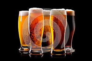 Set of Beer glasses on a black background. Mugs with drink like Ipa, Pale Ale, Pilsner, Porter or Stout