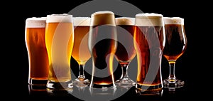 Set of Beer glasses on a black background. Mugs with drink like Ipa, Pale Ale, Pilsner, Porter or Stout