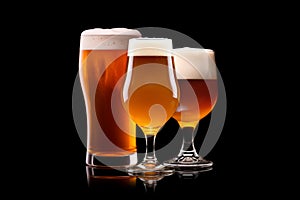 Set of Beer glasses on a black background. Mugs with drink like Ipa, Pale Ale, Pilsner, Porter or Stout