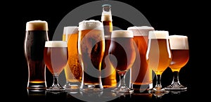 Set of Beer glasses on a black background. Mugs with drink like Ipa, Pale Ale, Pilsner, Porter or Stout