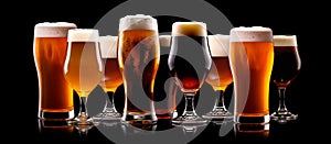 Set of Beer glasses on a black background. Mugs with drink like Ipa, Pale Ale, Pilsner, Porter or Stout