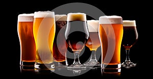 Set of Beer glasses on a black background. Mugs with drink like Ipa, Pale Ale, Pilsner, Porter or Stout