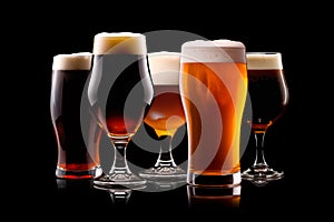 Set of Beer glasses on a black background. Mugs with drink like Ipa, Pale Ale, Pilsner, Porter or Stout