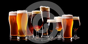 Set of Beer glasses on a black background. Mugs with drink like Ipa, Pale Ale, Pilsner, Porter or Stout