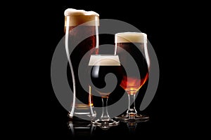 Set of Beer glasses on a black background. Mugs with drink like Ipa, Pale Ale, Pilsner, Porter or Stout