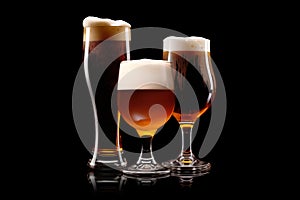 Set of Beer glasses on a black background. Mugs with drink like Ipa, Pale Ale, Pilsner, Porter or Stout