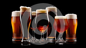 Set of Beer glasses on a black background. Mugs with drink like Ipa, Pale Ale, Pilsner, Porter or Stout