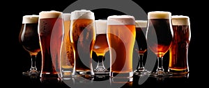 Set of Beer glasses on a black background. Mugs with drink like Ipa, Pale Ale, Pilsner, Porter or Stout