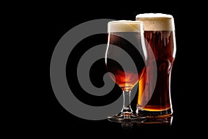 Set of Beer glasses on a black background. Mugs with drink like Ipa, Pale Ale, Pilsner, Porter or Stout