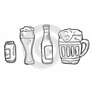 Set of beer glasses, mugs, ribbon, bottle, and hop. vector engraving illustration for web, poster, invitation to party. Hand drawn