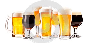 Set of Beer glasses on a white background. Mugs with drink like Ipa, Pale Ale, Pilsner, Porter or Stout