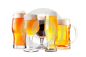 Set of Beer glasses on a white background. Mugs with drink like Ipa, Pale Ale, Pilsner, Porter or Stout