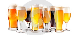 Set of Beer glasses on a white background. Mugs with drink like Ipa, Pale Ale, Pilsner, Porter or Stout