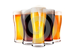 Set of Beer glasses on a white background. Mugs with drink like Ipa, Pale Ale, Pilsner, Porter or Stout