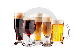 Set of Beer glasses on a white background. Mugs with drink like Ipa, Pale Ale, Pilsner, Porter or Stout